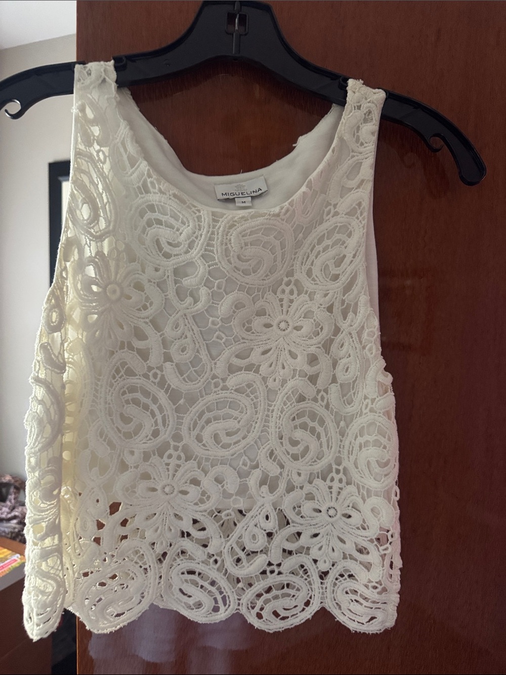 Miguelina Cream Floral Crochet Sleeveless Camisole. Rag & Bone skirt.